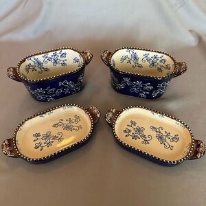 Temptations 10oz Baking Dish - Set of 2 - Floral Lace - Cobalt Blue White Brown